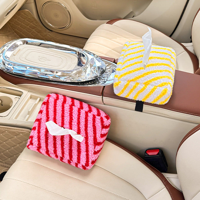 Upgrade Your Car Interior, High End Plush Car Tissue Box, Striped Hanging Paper Box, New Car Accessory