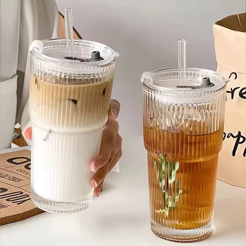 Large Stripe Glass Coffee Cup With Lid And Straw 1