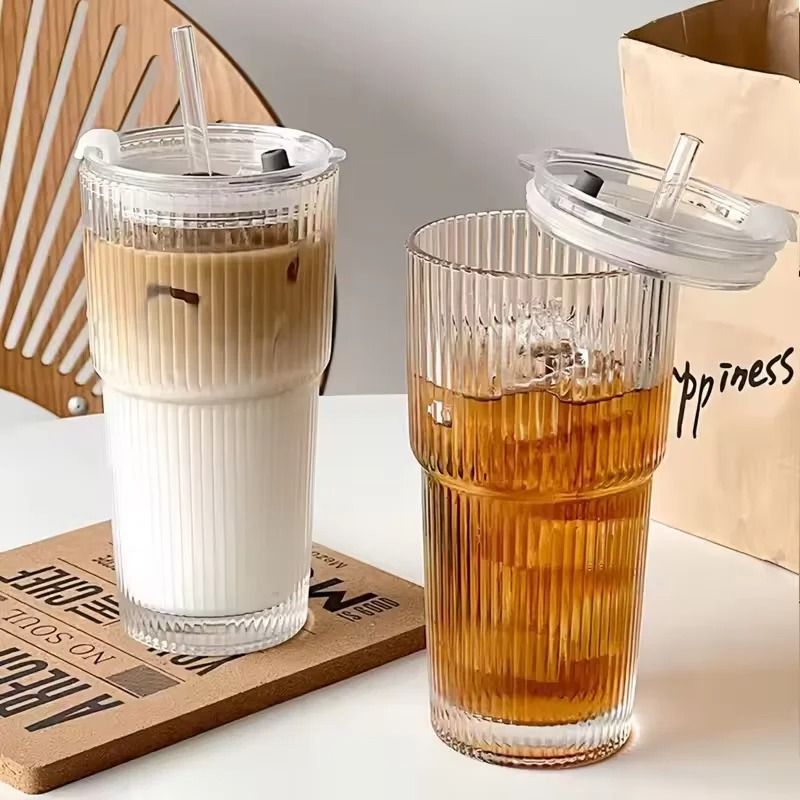 Large Stripe Glass Coffee Cup With Lid And Straw 2