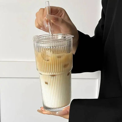 Large Stripe Glass Coffee Cup With Lid And Straw 3