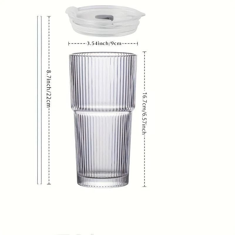 Large Stripe Glass Coffee Cup With Lid And Straw 5