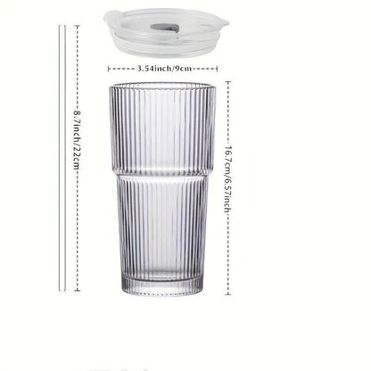 Large Stripe Glass Coffee Cup With Lid And Straw 5