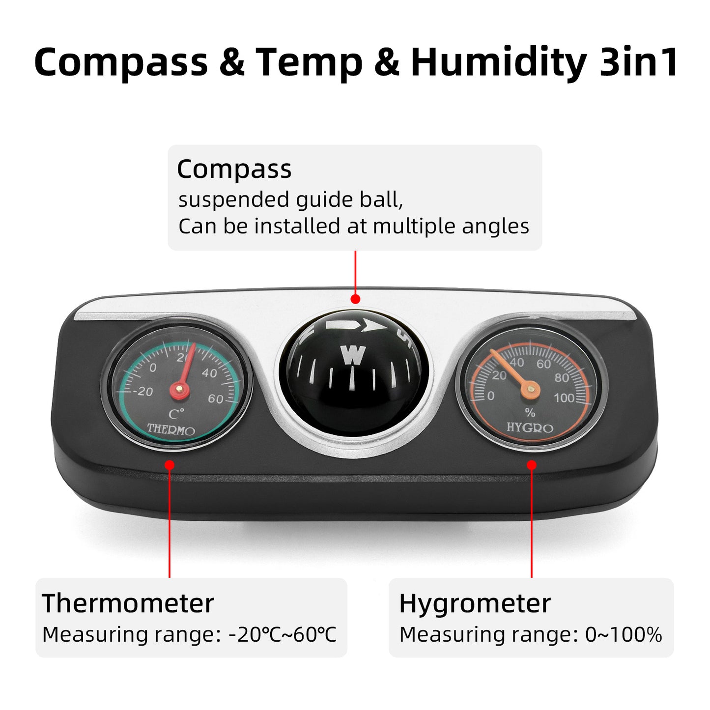 Car Compass, Thermometer Hygrometer, Ornaments Decoration for Auto Boat Vehicles Interior
