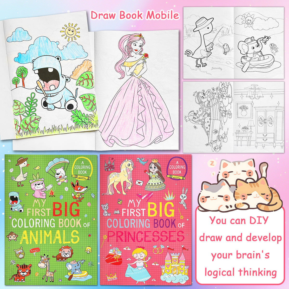 Cute Warm Colored Doodle Books, Preschool Puzzle Painting, Animals and Princesses for Children