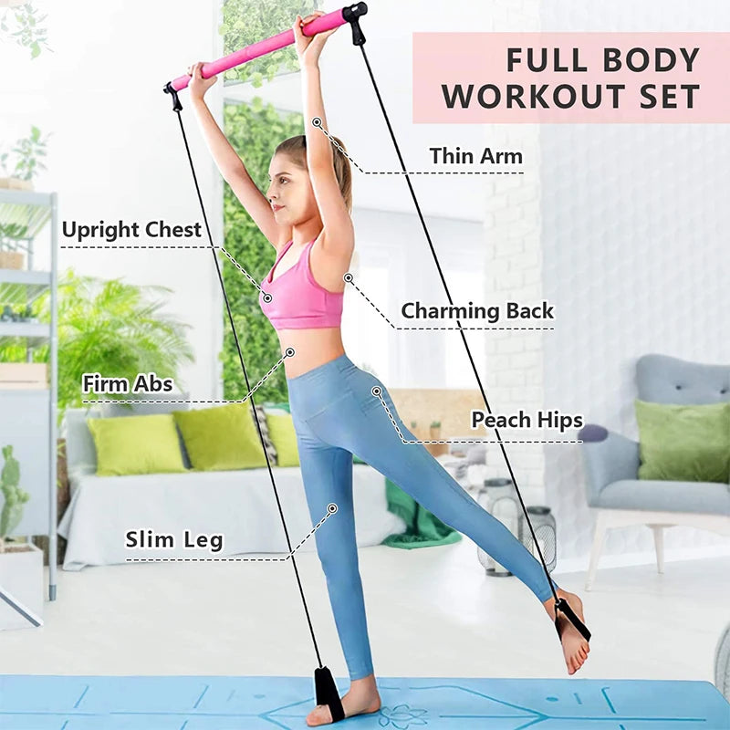 Yoga Pilates Bar Set, Multifunctional Fitness Bar Combination, Elastic Rope Back Trainer Stretching Belt