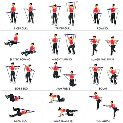 Yoga Pilates Bar Set, Multifunctional Fitness Bar Combination, Elastic Rope Back Trainer Stretching Belt
