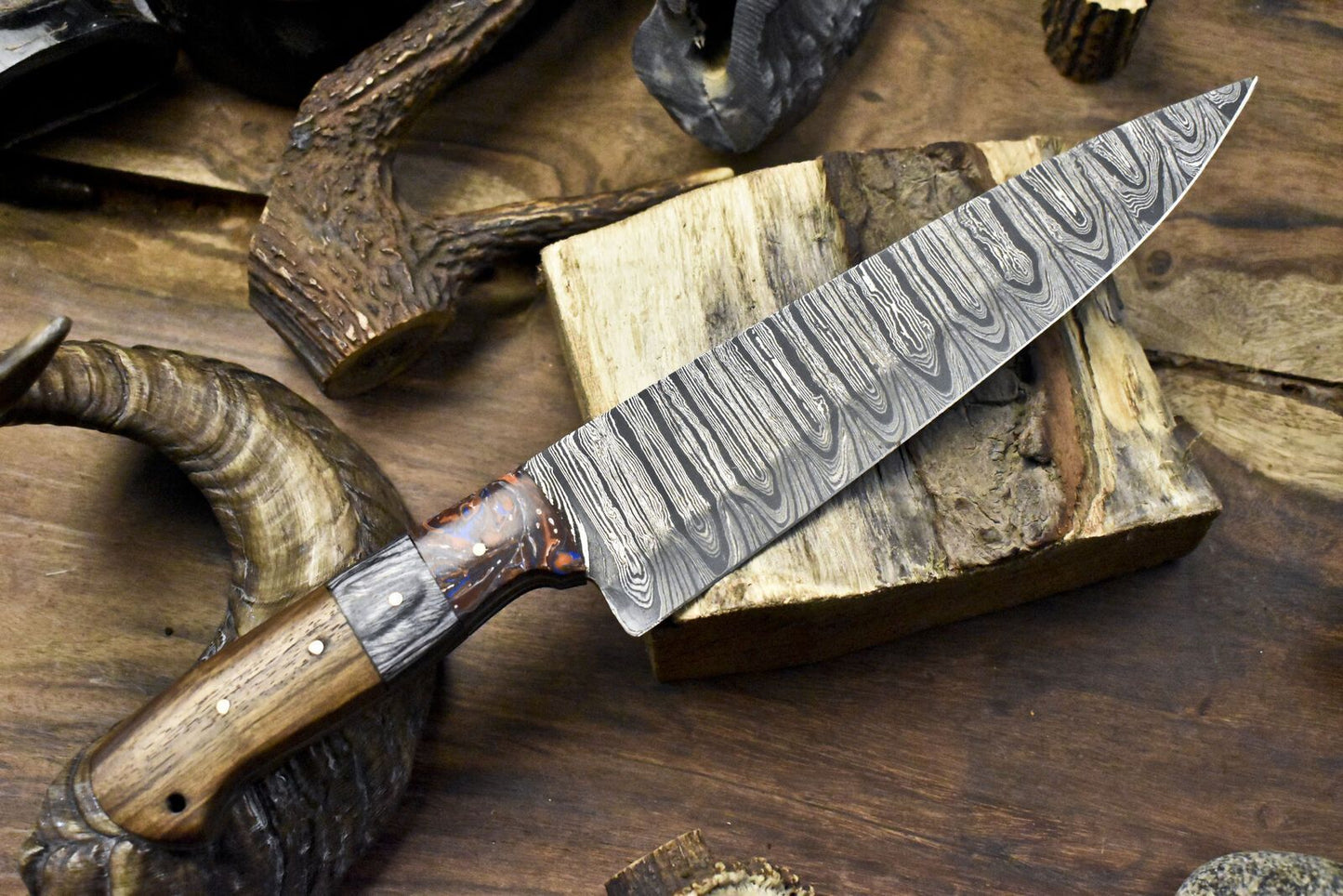 Professional 11.5 Inch Handmade Damascus Chef Knife | Wood Handle, 4mm Thick Blade