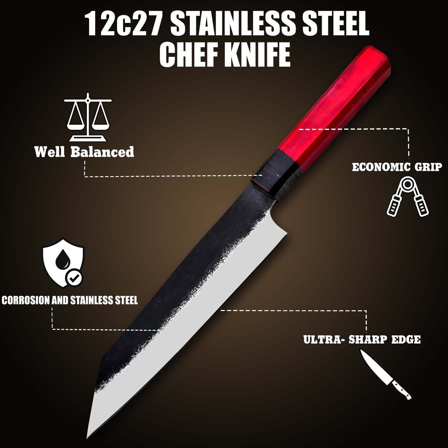 Custom Handmade Hammered 12C27 Steel Chef Knife  Fixed Blade Kitchen Knife With Wooden Handle 3