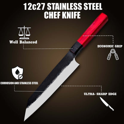 Custom Handmade Hammered 12C27 Steel Chef Knife  Fixed Blade Kitchen Knife With Wooden Handle 3