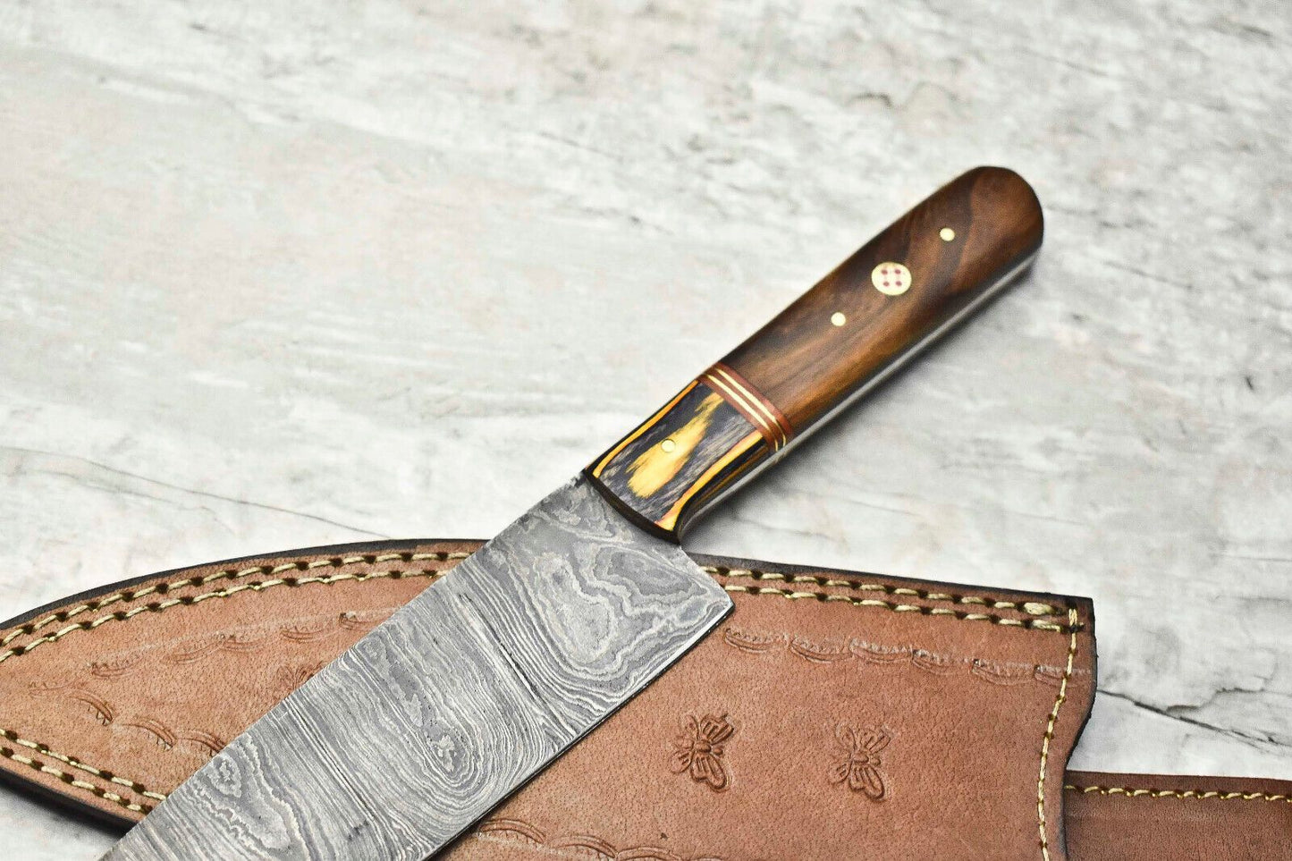 Custom Damascus Steel Chef Knife  12 Inch Forged Blade With Brass  Wood Handle 1