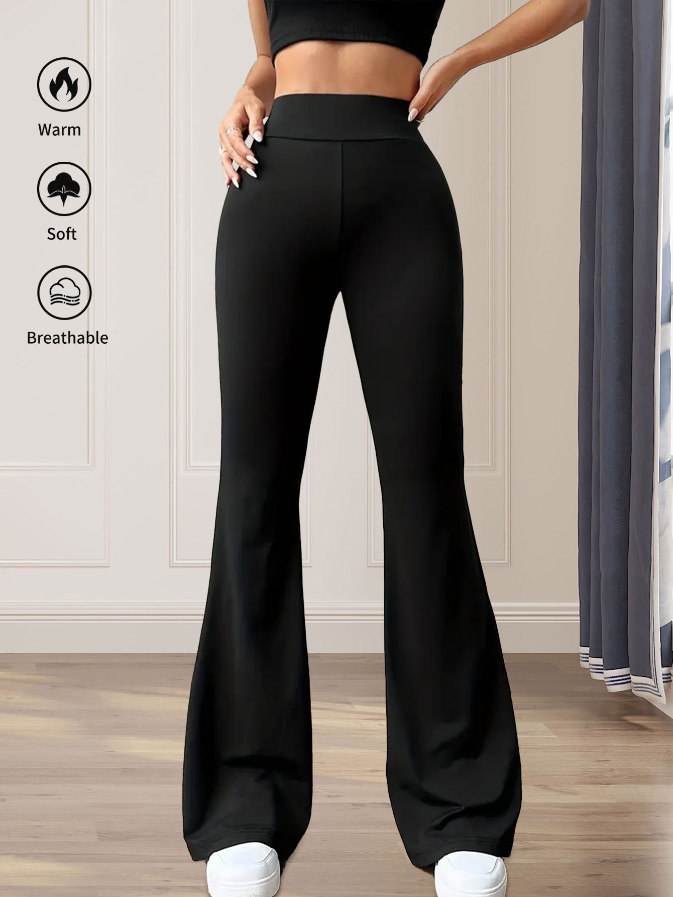 Thin Wide Leg Pants for Slim Women, High Waisted Tight Fitting Flared Pants, Slim Leg Long Black Pants for Spring