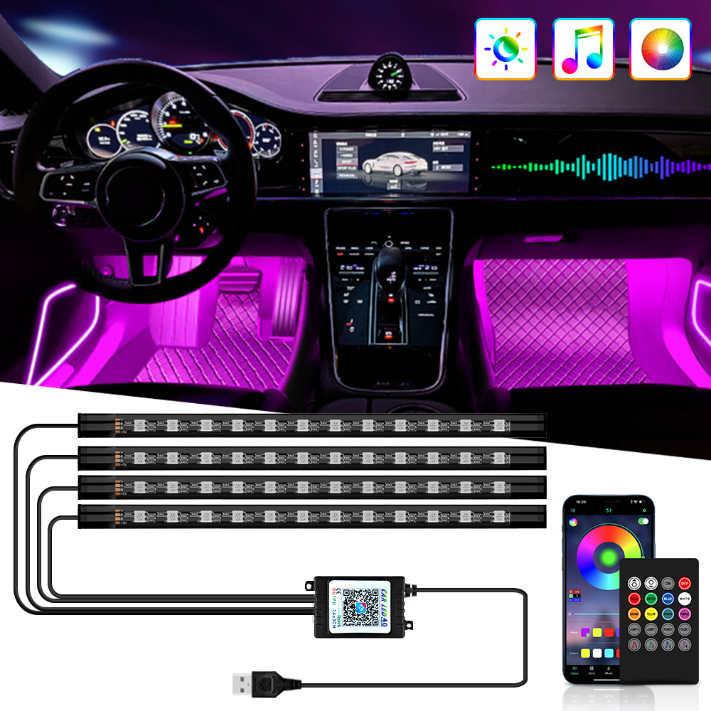 LED Neon Car Ambient Foot Lights, Wireless Remote, APP Music Control, Auto RGB Interior Decorative Lamp