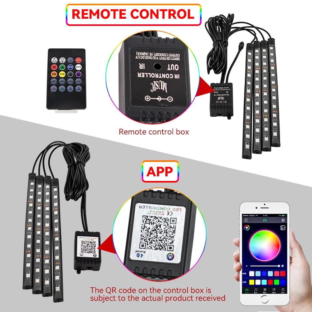 LED Neon Car Ambient Foot Lights Wireless Remote APP Music Control Auto RGB Interior Decorative Lam 2