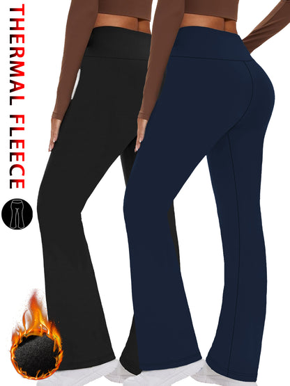 2 Pack Womens Fleece Lined Flare Leggings, High Waisted Tummy Control, Super Soft Bootcut Pants for Yoga, Casual Outfits