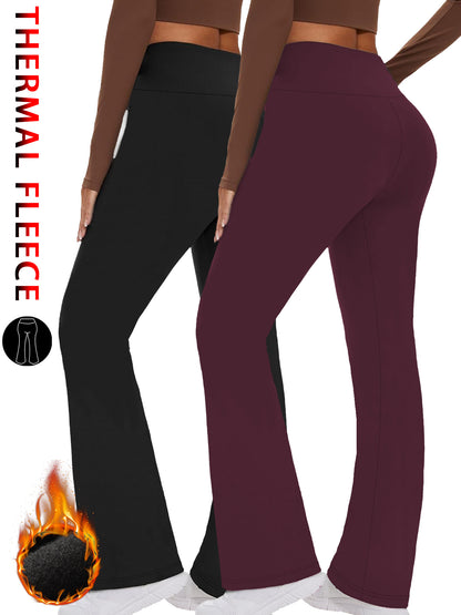 2 Pack Womens Fleece Lined Flare Leggings, High Waisted Tummy Control, Super Soft Bootcut Pants for Yoga, Casual Outfits