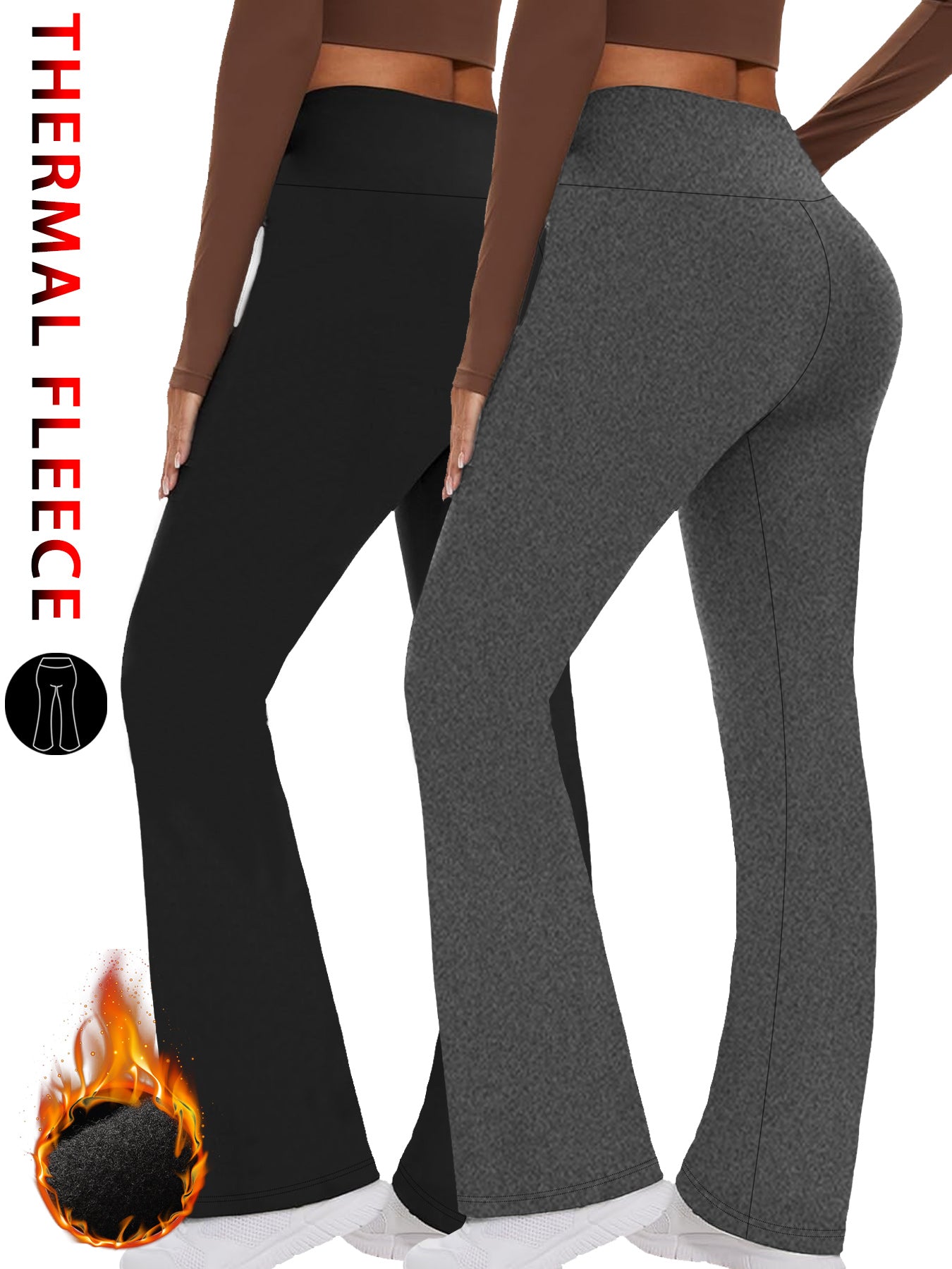 2 Pack Womens Fleece Lined Flare Leggings, High Waisted Tummy Control, Super Soft Bootcut Pants for Yoga, Casual Outfits