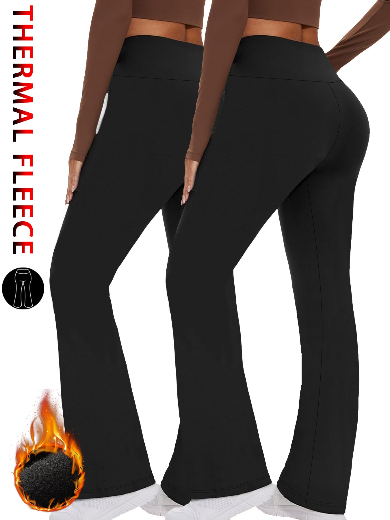 2 Pack Womens Fleece Lined Flare Leggings, High Waisted Tummy Control, Super Soft Bootcut Pants for Yoga, Casual Outfits