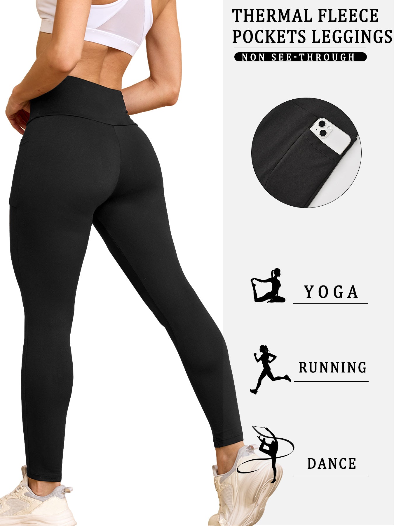 High Waisted Thermal Leggings with Pockets, Fleece Lined Tummy Control, Thick Warm Winter Tights for Women, for Running