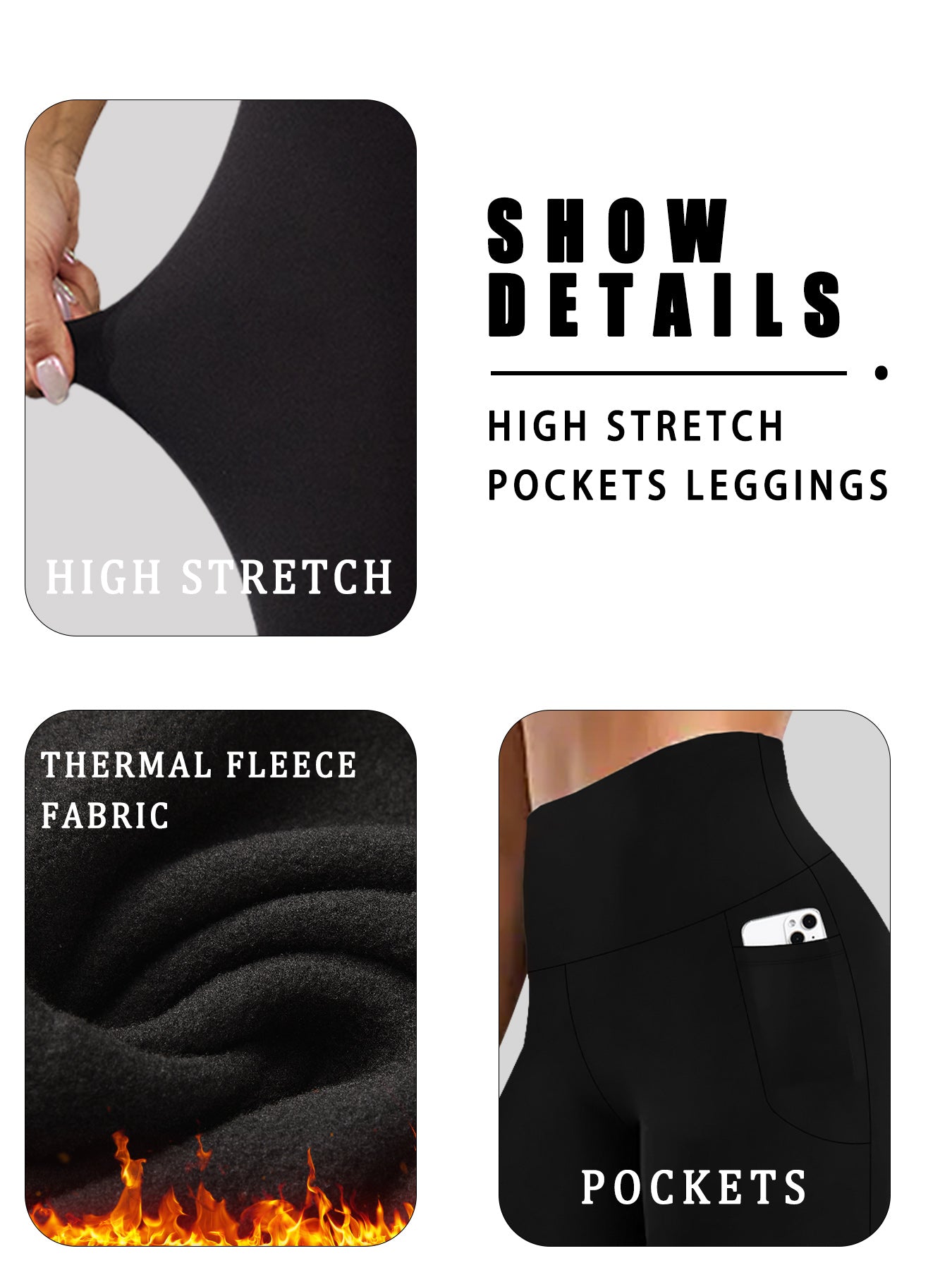 High Waisted Thermal Leggings with Pockets, Fleece Lined Tummy Control, Thick Warm Winter Tights for Women, for Running