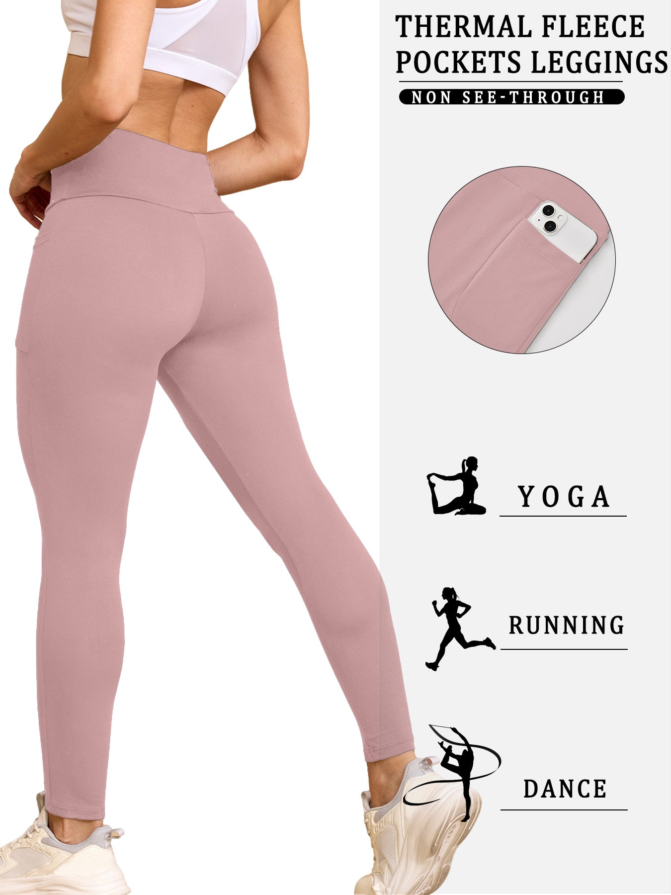 High Waisted Thermal Leggings with Pockets, Fleece Lined Tummy Control, Thick Warm Winter Tights for Women, for Running