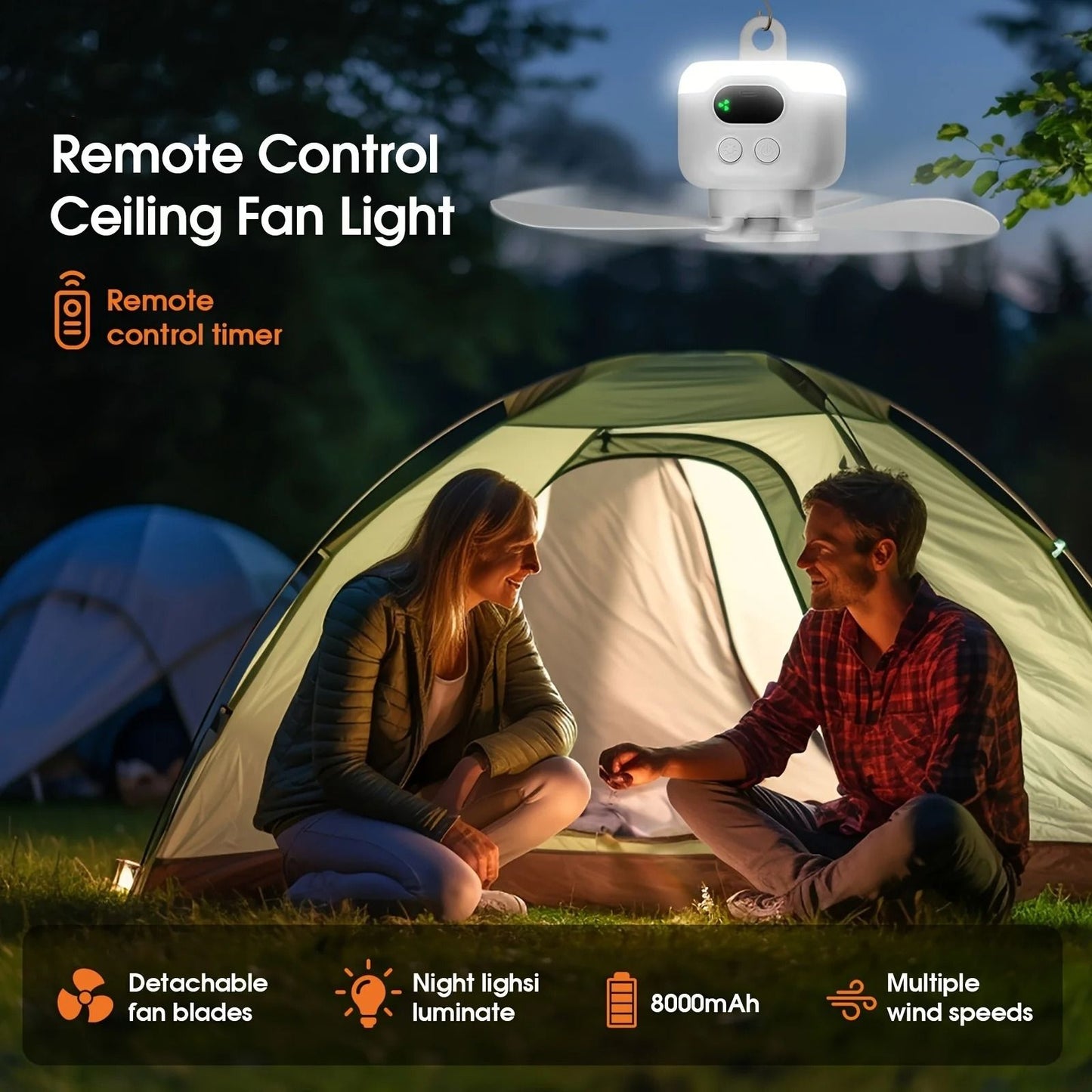 Portable Ceiling Fan 8000mAh Rechargeable Camping Fan With LED Light And Remote Control 1