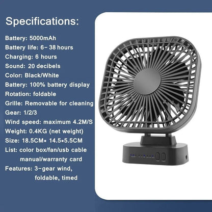 Mini USB Rechargeable Battery Fan With Timer 3 Speed 7 Blade Portable Quiet Fan 6