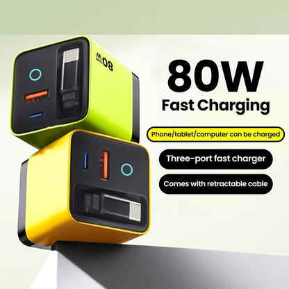 80W Fast Charging Type C USB Charger with Retractable Cable