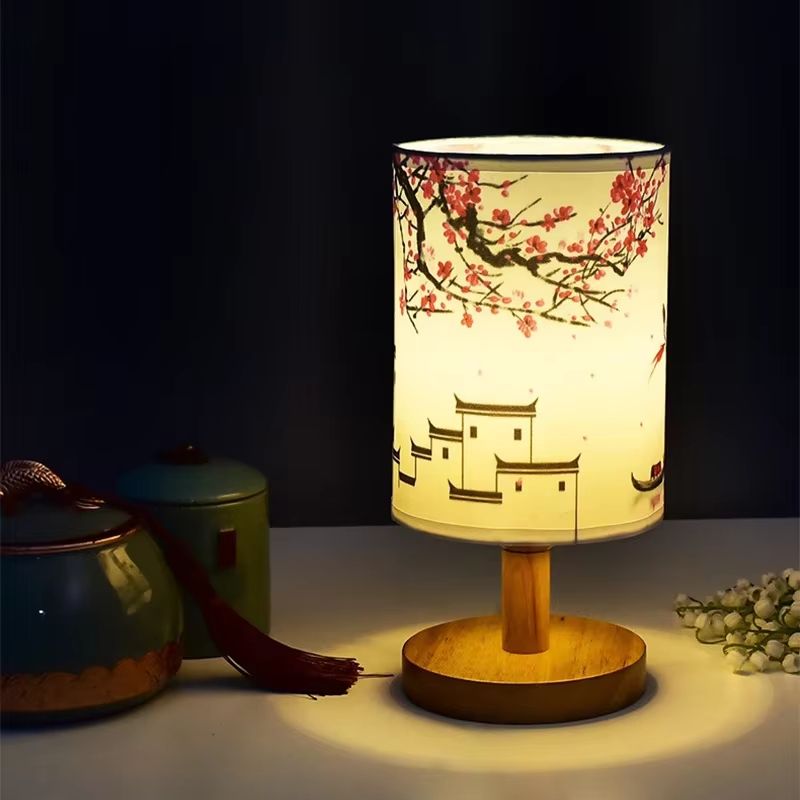 Modern Square ChineseStyle Fabric Table Lamp  Dimmable LED Bedside Light With EU Plug 3