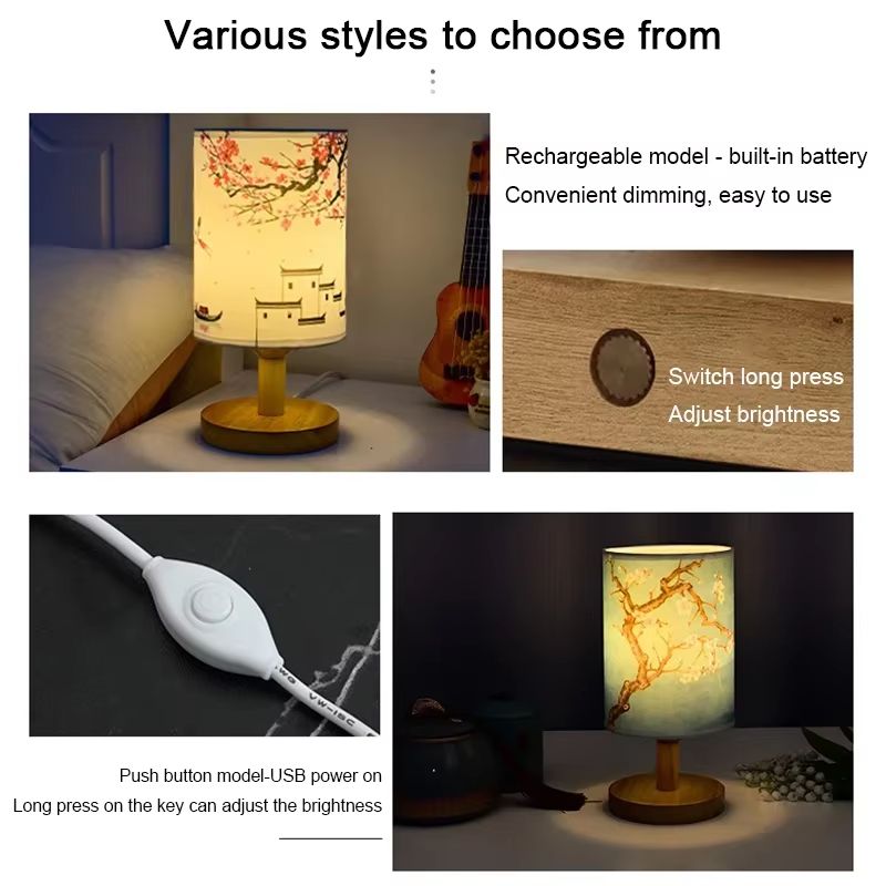 Modern Square ChineseStyle Fabric Table Lamp  Dimmable LED Bedside Light With EU Plug 4