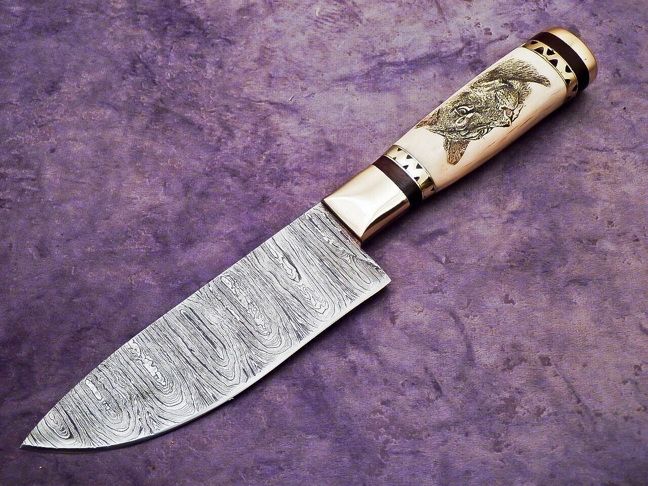 Superb Custom Handmade Damascus Chef Knife | Camel Bone Handle with Scrimshaw | 11" Kitchen