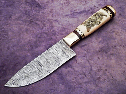 Superb Custom Handmade Damascus Chef Knife | Camel Bone Handle with Scrimshaw | 11" Kitchen