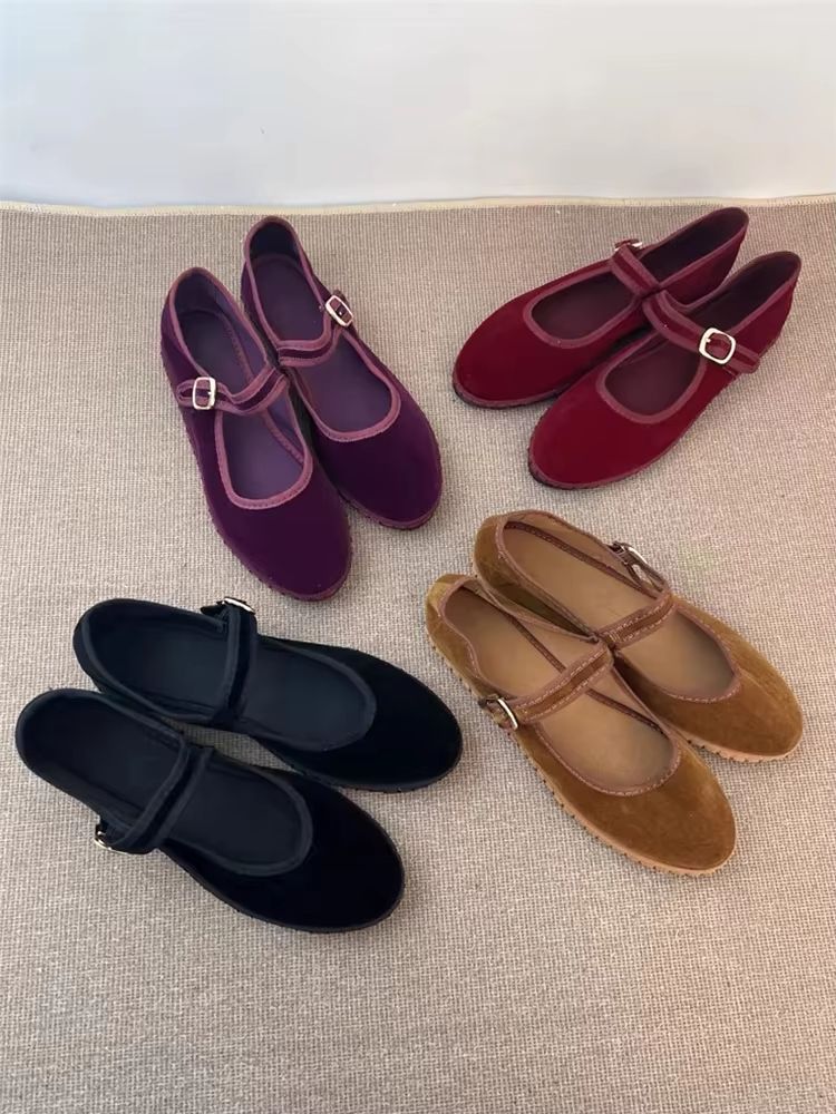 Velvet Mary Jane Streetwear Ballet Flats – Women's Hand-Stitched Solid Colour Loafers