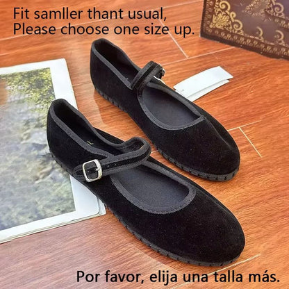 Velvet Mary Jane Streetwear Ballet Flats  Womens HandStitched Solid Colour Loafers 7