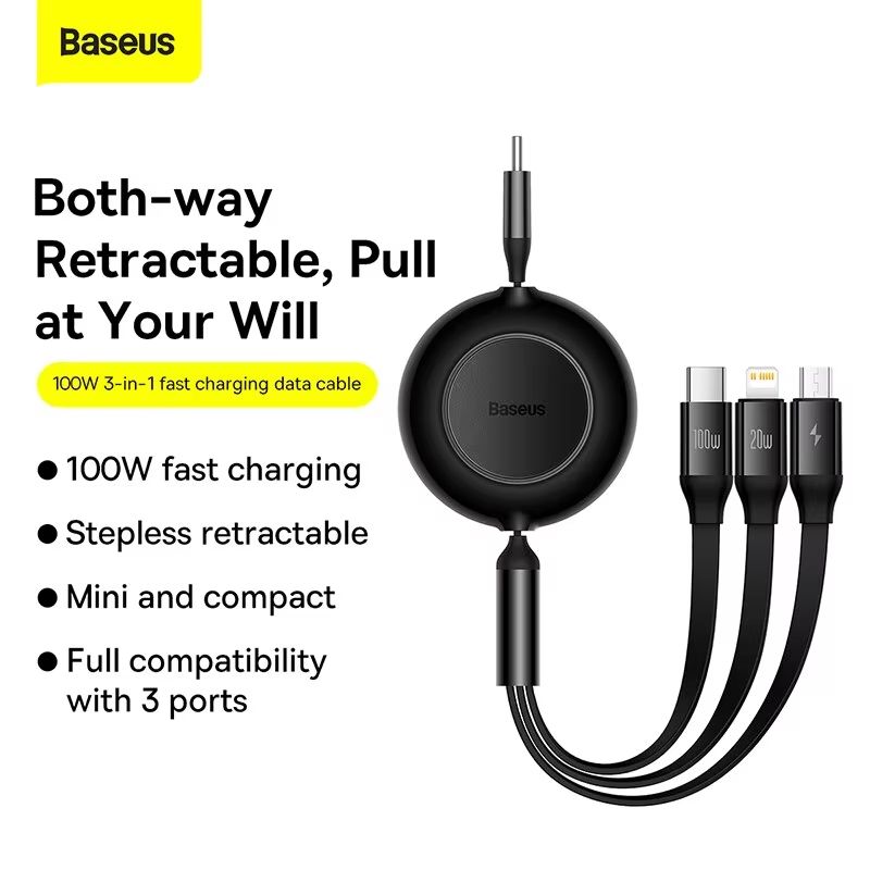 Baseus 100 W 3in1 Retractable Fast Charging Cable  USBC Lightning  Micro USB In One 1