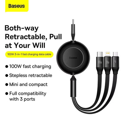 Baseus 100 W 3in1 Retractable Fast Charging Cable  USBC Lightning  Micro USB In One 1