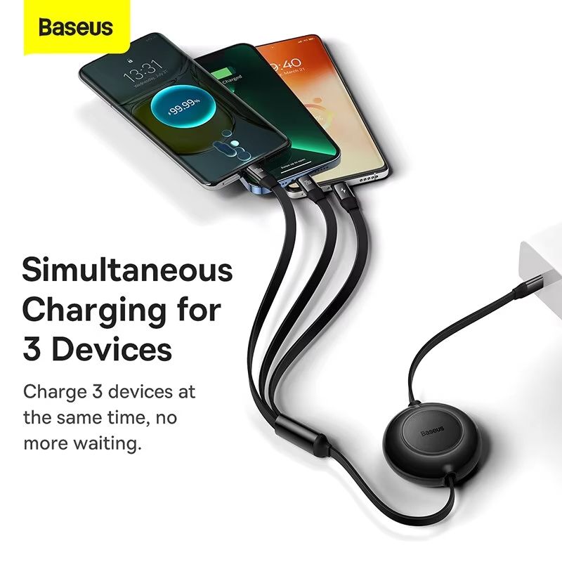 Baseus 100 W 3in1 Retractable Fast Charging Cable  USBC Lightning  Micro USB In One 3
