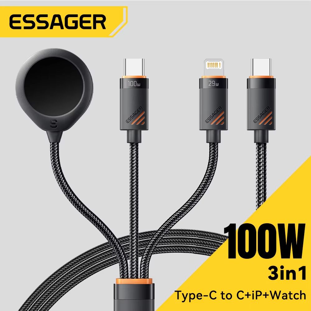 ESSAGER 3-in-1 100 W Multi-Connector Fast Charging Cable – USB-C, Lightning & Micro/Multi for iPhone, iWatch, Samsung &