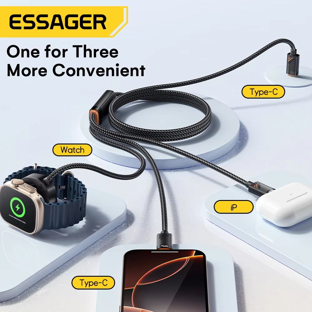 ESSAGER 3in1 100 W MultiConnector Fast Charging Cable  USBC Lightning  MicroMulti For IPhone IWatch 2