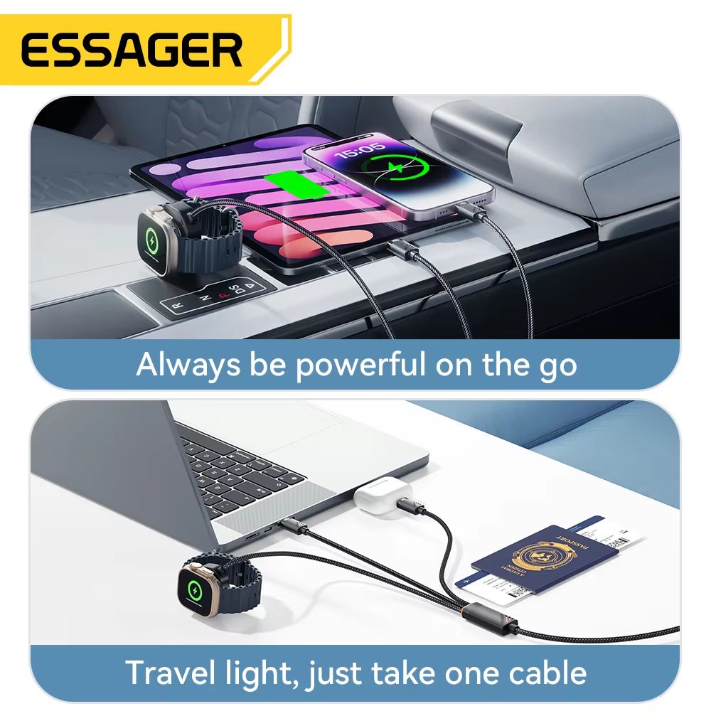 ESSAGER 3in1 100 W MultiConnector Fast Charging Cable  USBC Lightning  MicroMulti For IPhone IWatch 5