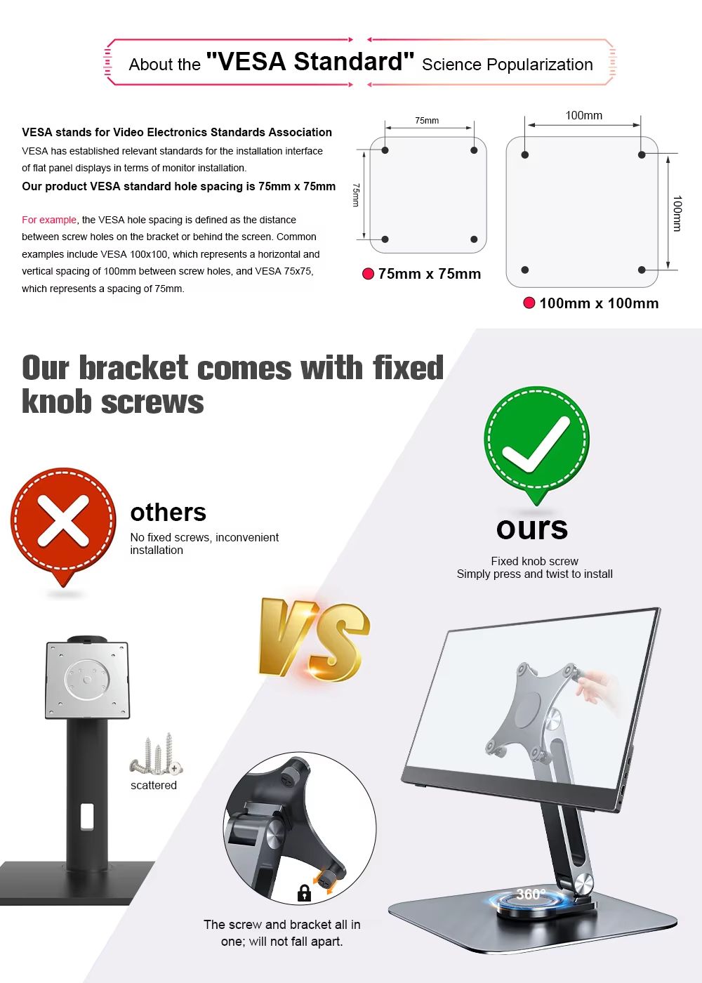 Aluminum Alloy 360deg Rotating Monitor Stand  Adjustable TableMounted Bracket With M4 Screw Base  H 3