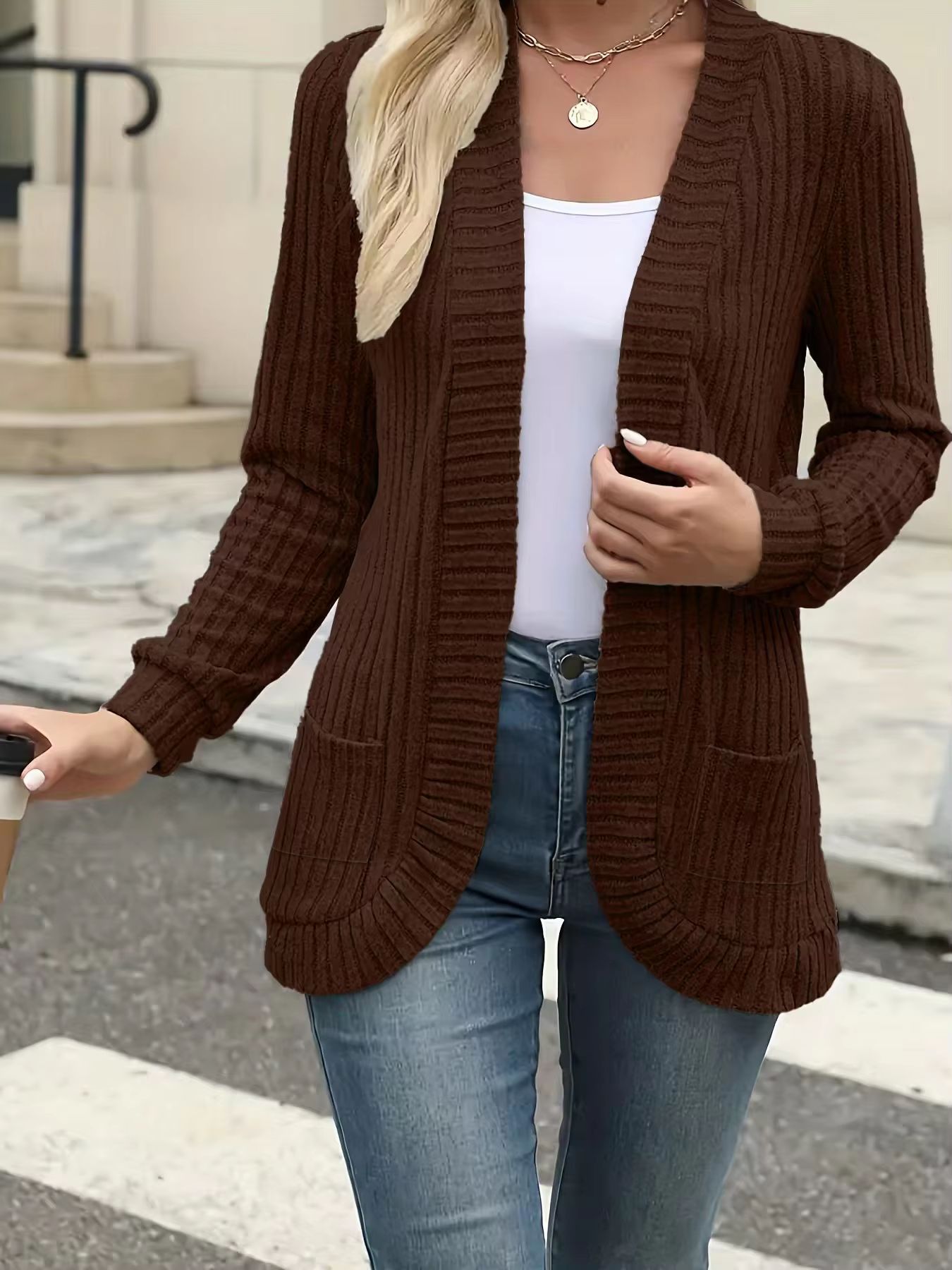 PitStripe Brushed Knit Cardigan Jacket  Womens SolidColor Casual Knit Outerwear 14