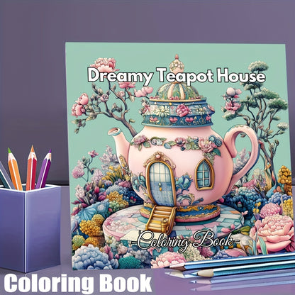 Dreamy Teapot House Coloring Book for Adult, Premium Drawing Supplies, Unique Birthday Party Gift