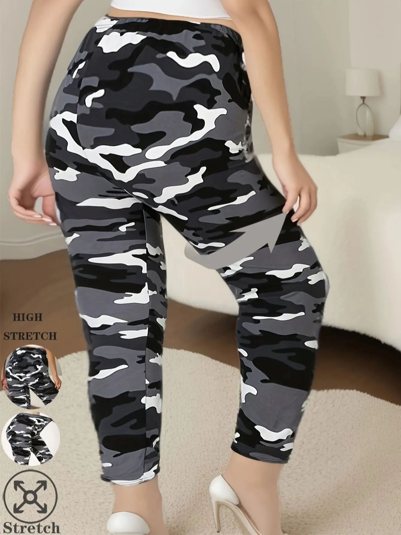 Plus Size Leggings, High Stretch Camouflage Print, Cropped Sports Pants, Women's Athletic Wear, Casual Tight Fit
