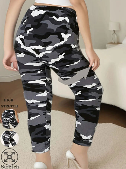 Plus Size Leggings, High Stretch Camouflage Print, Cropped Sports Pants, Women's Athletic Wear, Casual Tight Fit