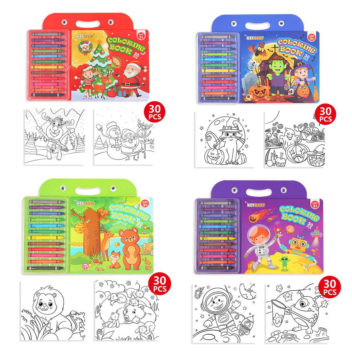 Childrens Coloring Book Set, Drawing Book with Colorful Crayon, Christmas, Halloween, Animal, Space Edition