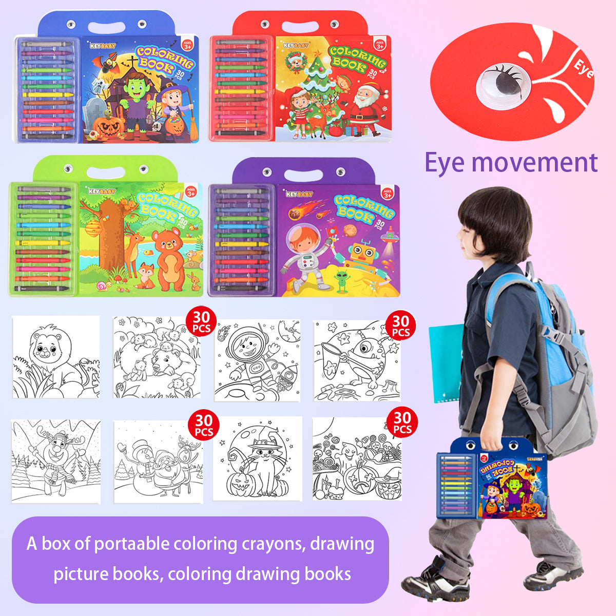 Childrens Coloring Book Set, Drawing Book with Colorful Crayon, Christmas, Halloween, Animal, Space Edition