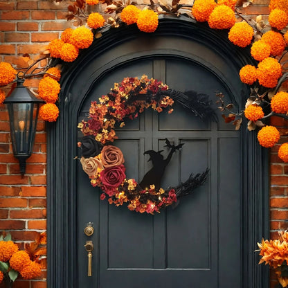 Gothic Halloween Wreath With Roses And Witch Cat Silhouette 1