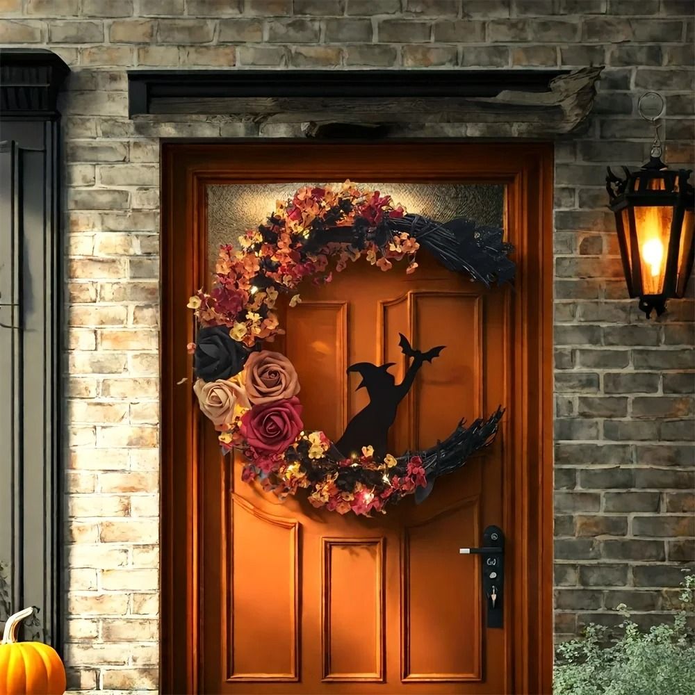 Gothic Halloween Wreath With Roses And Witch Cat Silhouette 3