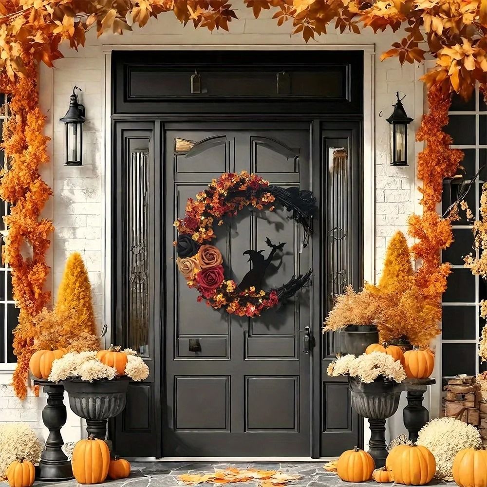 Gothic Halloween Wreath With Roses And Witch Cat Silhouette 5