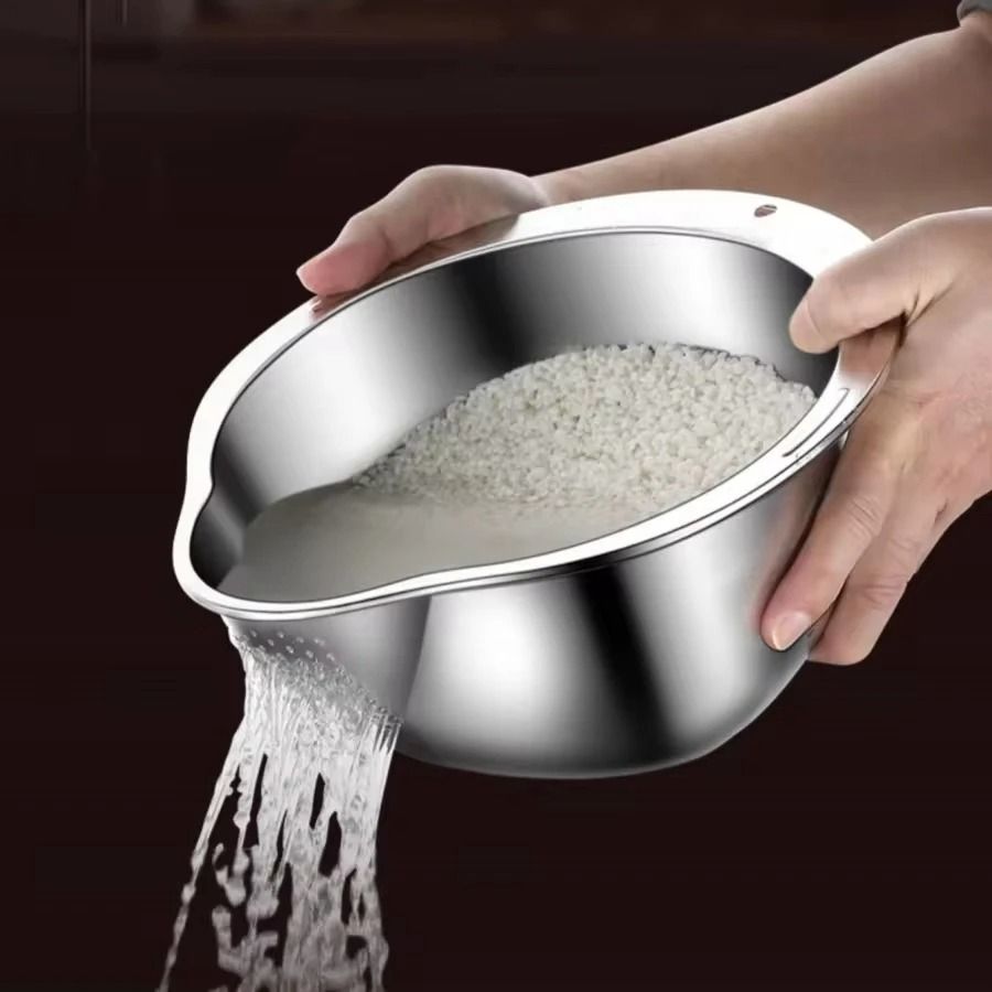 Stainless Steel Rice Washing Bowl and Strainer for Fruits and Vegetables
